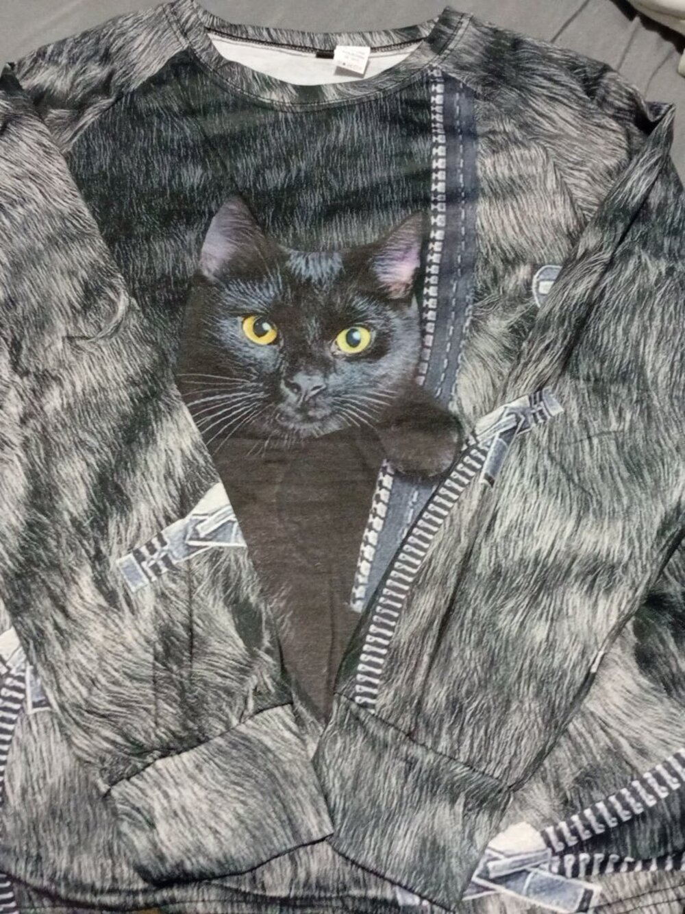 Long Sleeve Top | Illusion Black Cat & Faux Zipper Print - Picture 4 of 9